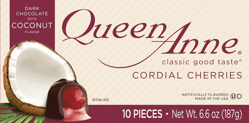 Queen Anne Chocolate Cordial Cherries Dark Chocolate with Coconut Flavor 10 pieces